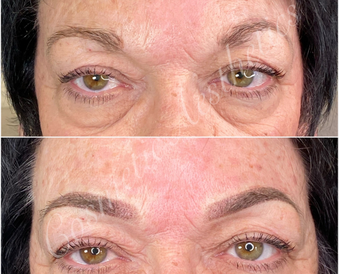Ombre powder brow tattoo on mature skin before and after results
