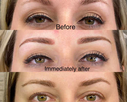 Powder Brows on a Blonde Haired Person Before, After and Healed results One Year Later